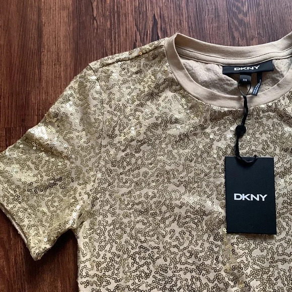 DKNY Sequined Gold T-Shirt Size XXS NWT - Picture 4 of 10